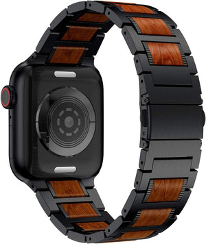 Red Sandal Wood Apple Watch Band, Black Stainless Steal