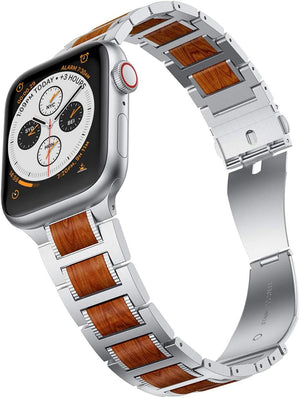 Red Sandal Wood Apple Watch Band, Silver Stainless Steal